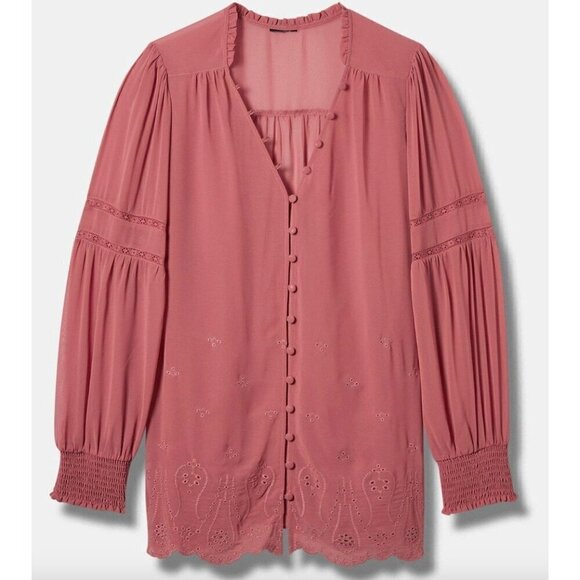 Torrid NWT Chiffon Smocked Collar Eyelet Embroidered Blouse Mauvewood Size 3X - Picture 1 of 11